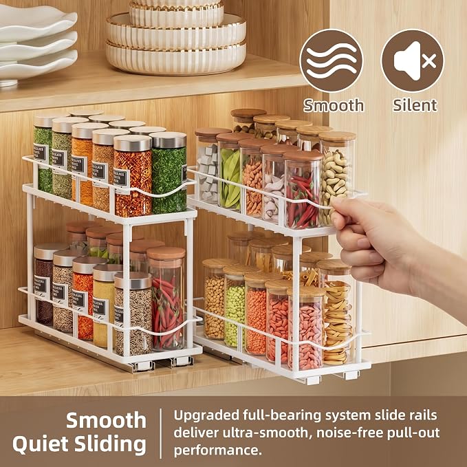 Bunoxea Pull Out Spice Rack 2 Pack,Slide Out Cabinet Spice Rack,White | 2-Tier Rack, Full Extension Ball Bearing Glides, 10.7"Dx4.8"Wx8.85"H, Kitchen Pantry,Narrow Cabinet Spice Storage Organizer