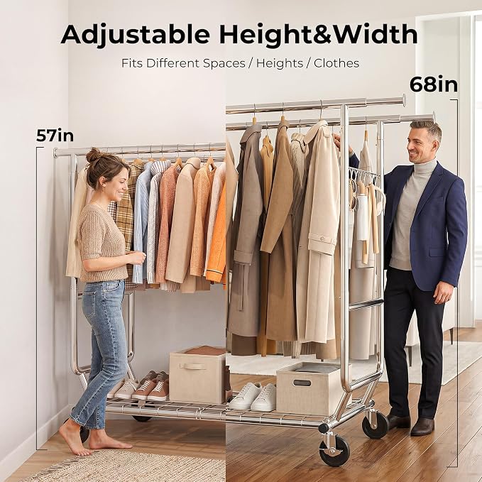 HOKEEPER Clothes Rack Heavy Duty Clothing Rack Load 650 LBS Collapsible Garment Rack with Wheels Double Rod Clothes Rack for Hanging Clothes Commercial Portable Closet Rack with Shelves 22"D*75"W*68"H