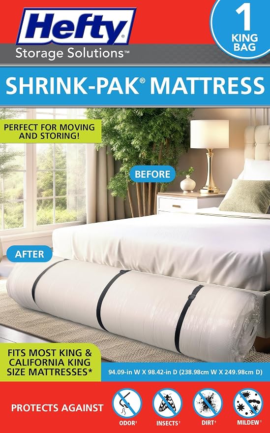 Hefty Shrink-Pak Mattress Bags for Moving - King/California King Size | Heavy Duty & Water Resistant Vacuum Compression Mattress Bag, Storage Protection Mattress Cover for Moving