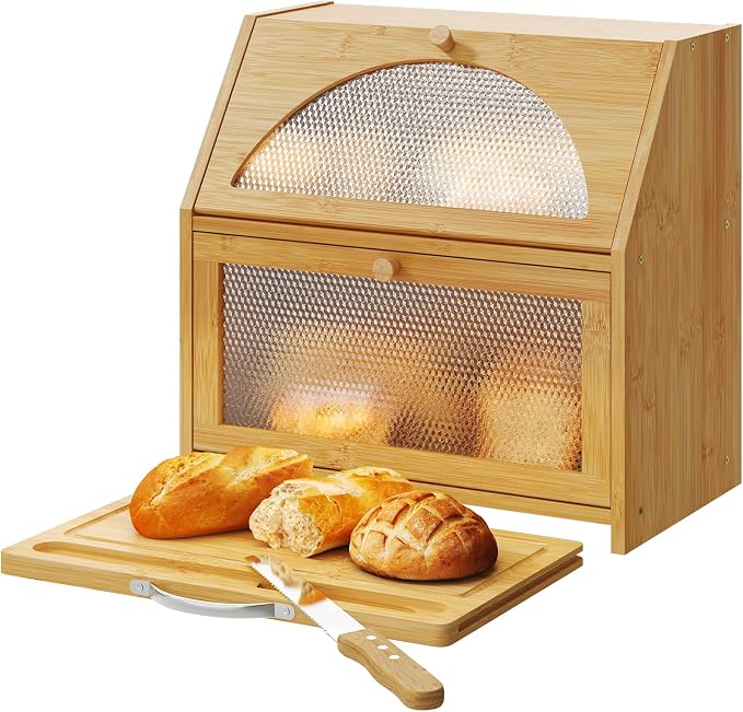 STDDRE Bamboo Bread Box with Cutting Board, Double Layer Extra Large Bread Storage Bin with Door Panel for Kitchen Counter (Natural)