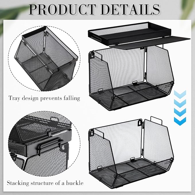 Teenyyou 2 Pcs Stackable Mesh Fruit Basket with Lid Wall Produce Vegetable Storage Basket Onion Potato Hanging Metal Wire Container for Kitchen Counter Pantry(Removable,Black,7.1" w & 11.8" l)