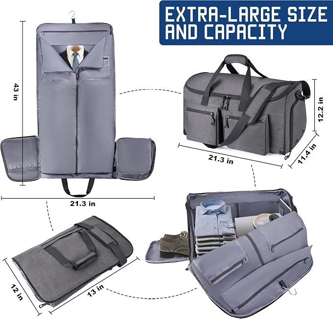 HILOMON Convertible Duffle Bags for Travel Carry On Suit Duffle Bags with Shoulder Strap 2 in 1 Hanging Garment Duffle Bag for Men Women (Grey)
