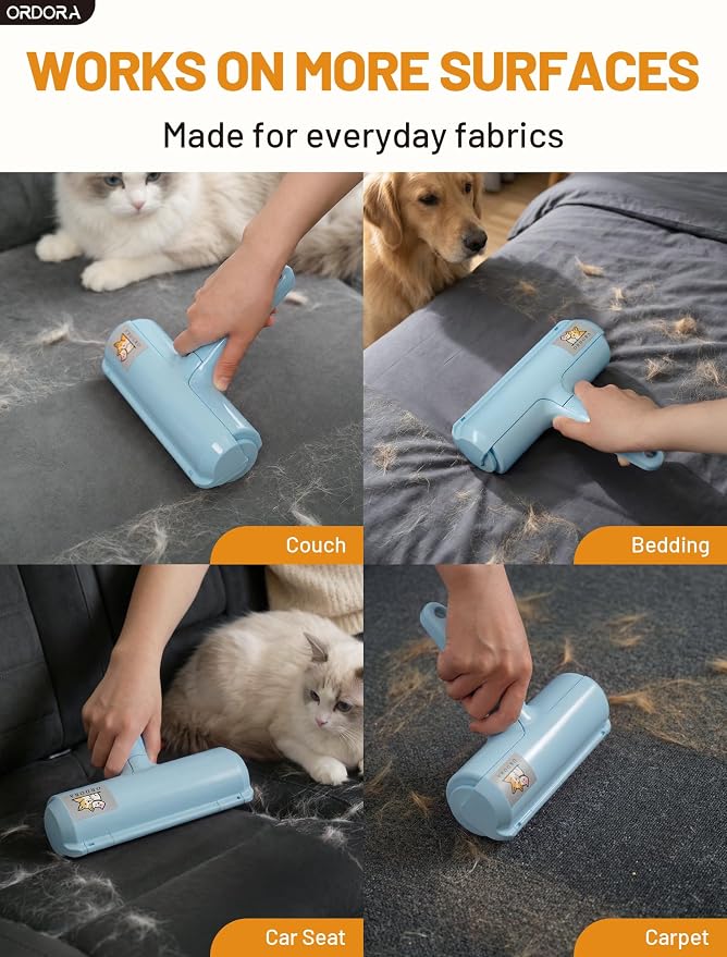 ORDORA Pet Hair Remover Roller, Reusable Lint Roller for Dog and Cat Hair | Portable Pet Hair Roller with Large Fur Bin for Couches, Bedding, Car, Rugs & Furniture, No Refills or Batteries, Pet Homes