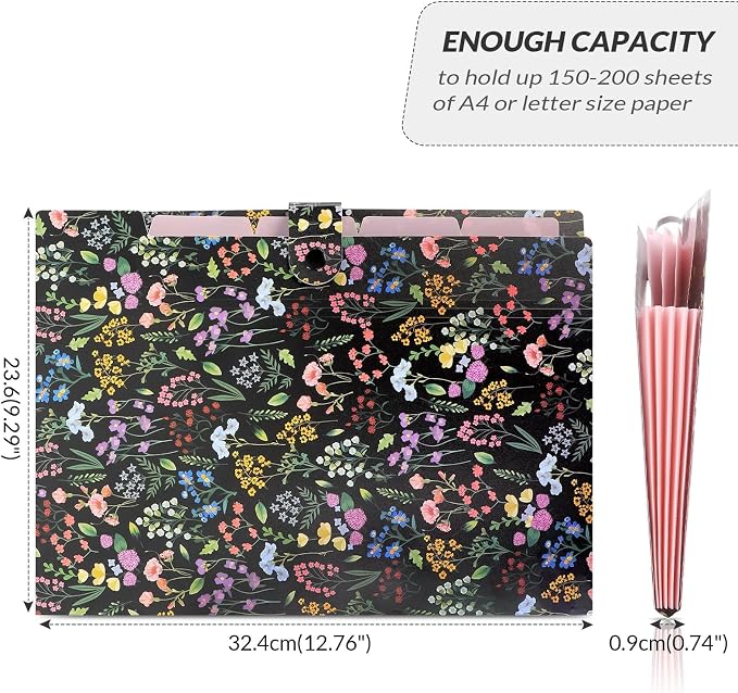SKYDUE Accordion File Organizer, Floral Expanding File Folders with 5 Pockets, Cute Document Organizer for Paper Bills Receipt Storage, School Office & Hospital Supplies Letter/A4 Size Black