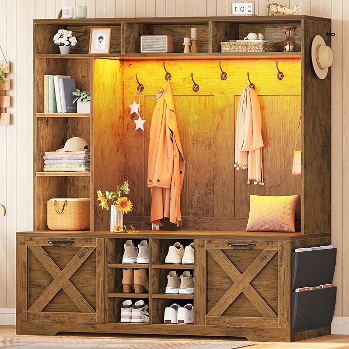 Itaar Hall Tree with Bench and Shoe Storage, 59.1" Farmhouse Entryway Bench with Coat Rack, Shoe Cabinet with Flip Drawers, 12 Shelves, 9 Coat Hooks, Storage Bag, Led Lights, Rustic Brown