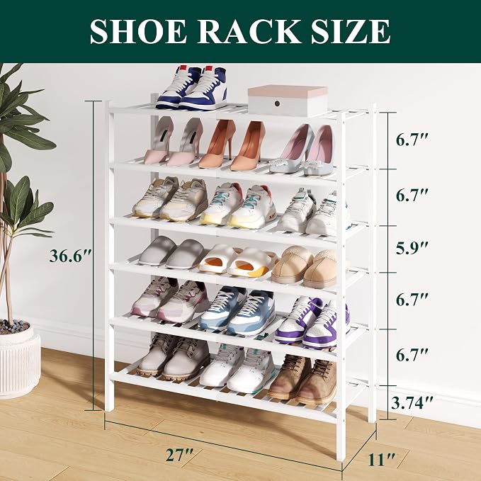 Smiry Bamboo Shoe Rack for Closet, 6 Tier Wooden Shoe Organizer, Stackable Wood Shoe Storage Shelf for Entryway, 14 Vertical Slats, 3+3 Stack Heavy-Duty Legs, 26.77"x11.02"x36.61", White