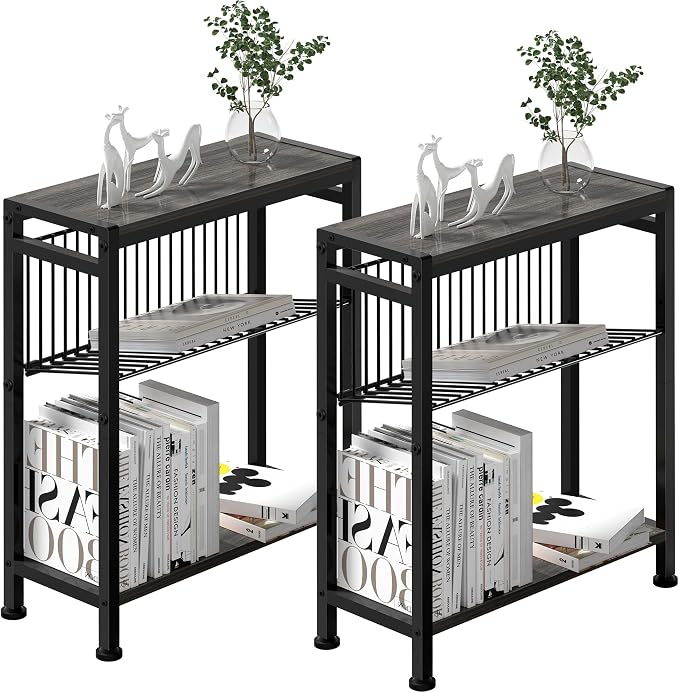 Side Table for Small Spaces, Set of 2 Narrow End Table with Magazine Holder, 2 in 1 Design Slim Side Table, Skinny Nightstand for Living Room Bedroom, Thin Side Magazine Table, Grey