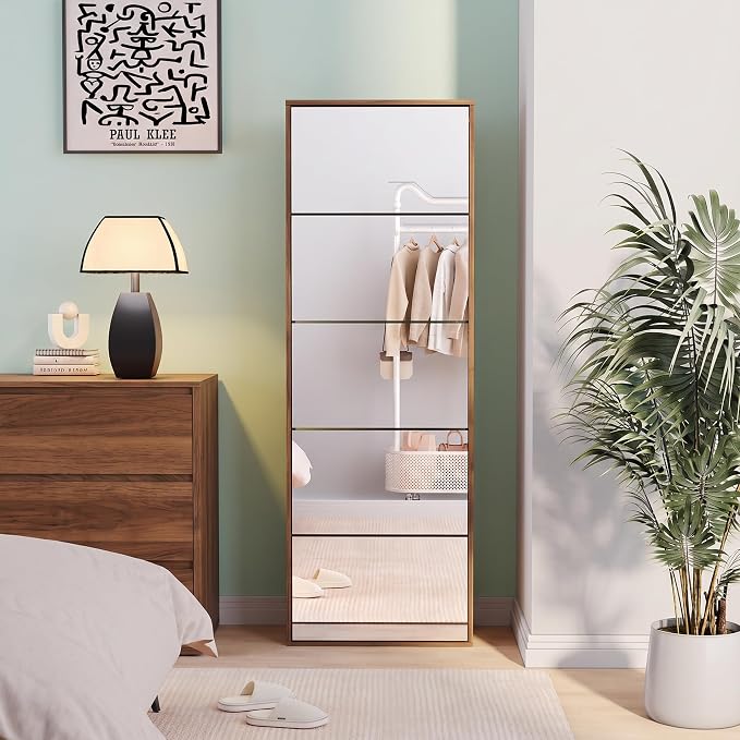 Yechen Mirror Shoe Cabinet with 5 Flip Drawers, Shoe Rack Storage Organizer, Entryway Shoe Cabinet for Front Door, Hallway (1 Piece, Walnut)
