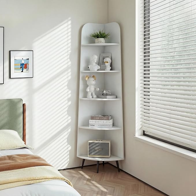 VECELO 5-Tier Curved Corner Shelf, 66.93" Tall Freestanding Corner Bookshelf, Wood Grain Narrow Corner Storage Display Rack with Wooden Legs for Living Room Bedroom Small Space, White
