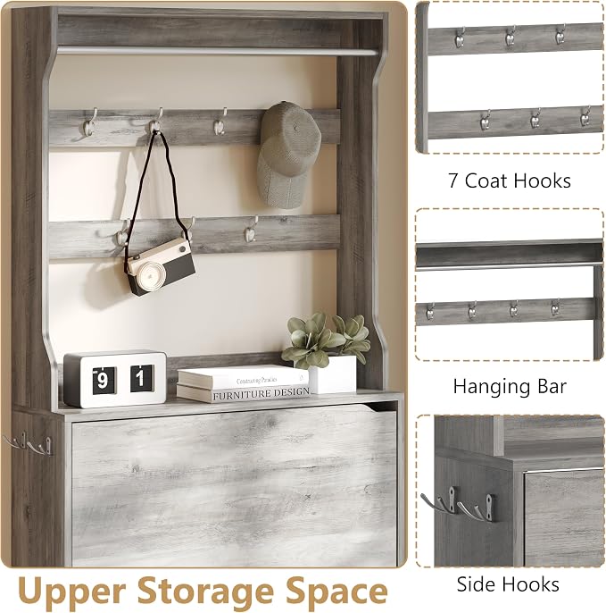 Wodeer Tall Shoe Cabinet with Coat Rack, Hidden Shoe Storage Cabinet with Doors & Drawer, Hanging Bar & Hooks, Slim Narrow Freestanding Shoe Rack Organizer for Entryway, Hallway & Living Room, Grey