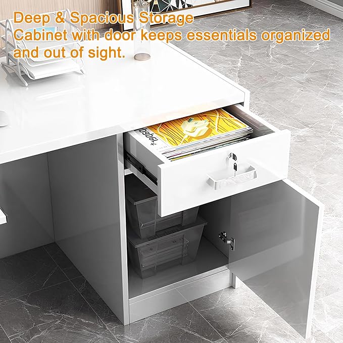 Modern Reception Desk with Counter, Front Desk Reception Counter with Lockable Drawer, Keyboard Tray & Storage Cabinet, Solid Wood Receptionist Table for Salon Office Lobby (H - Left, L 2m/78in)