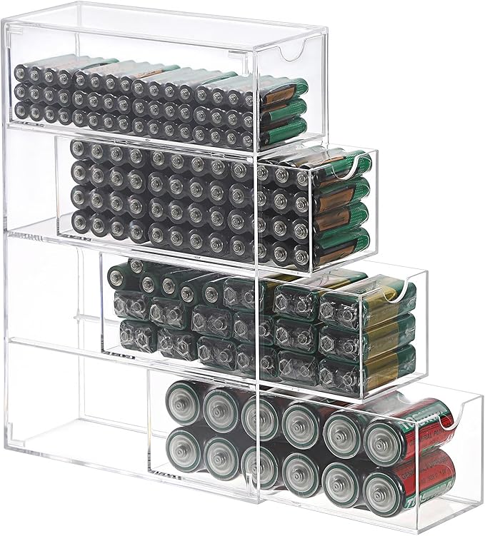 BTSKY Clear Acrylic Battery Storage Organizer for AA, AAA, 9V, C Batteries | 4-Drawer Storage Box Battery Holder Organizer for Common Types Batteries, Household Container, 1 Pack(Batteries Not Included)