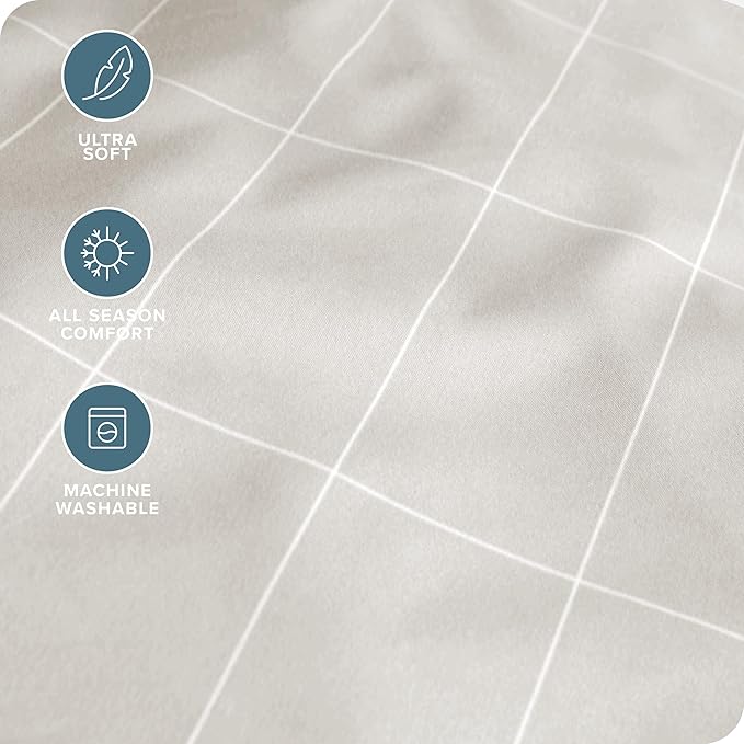 Bare Home Queen Sheet Set - Luxury 1800 Ultra-Soft Microfiber Bed Sheets - Double Brushed - Deep Pockets - Easy Fit - 4 Piece Set - Bedding Sheets & Pillowcases (Queen, Grid - Stone/White)