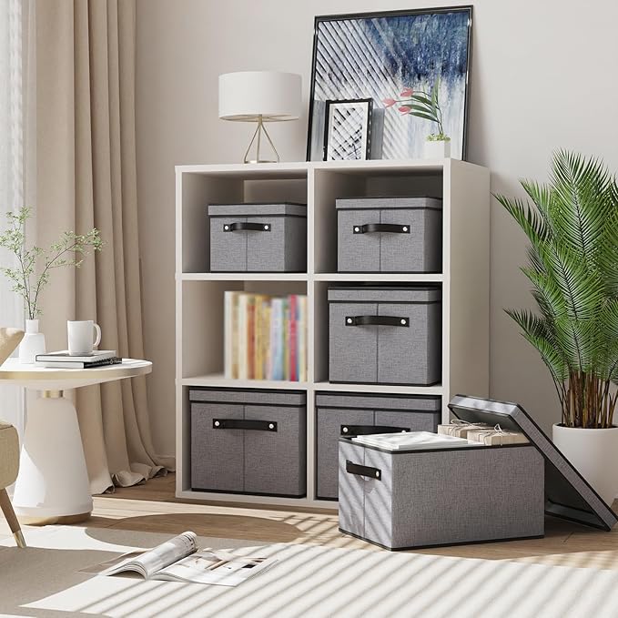 Storage Bins with Lids, 10.2×7.8×6.7 Inch Closet Organizers for Shoes Towels Books, Storage Boxes with Handles, Gray, 5-Pack