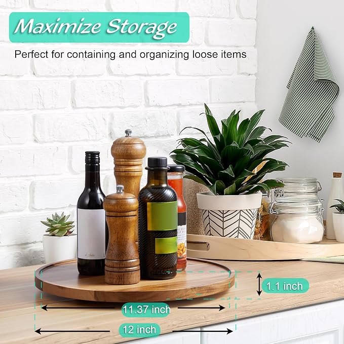 12" Acacia Wood Lazy Susan Turntable Organizer, Lazy Susan for Table Top Cabinet Dining Pantry Countertop Cupboard Organization, Decorative Tray for Kitchen Bathroom Decor Coffee Bar Accessories