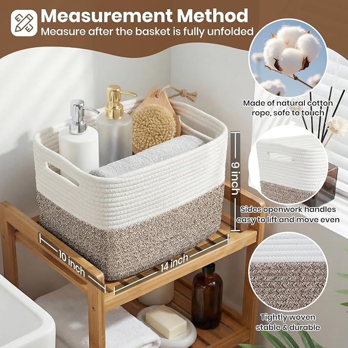 Storage Baskets for Organizing, 14 x 10 x 9” Closet Shelf Woven Baskets, Square Bins with Handles, Cotton Rope Basket for Clothes, Office, Room, White+Dark brown 1 Pack