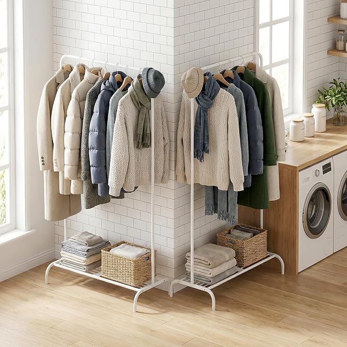 Small White Clothing Rack 2 Pack, Metal Garment Rack No Wheels, Free Standing Clothes Rack with Bottom Shelf for Hanging Clothes, Space Saving Closet Organizer for Bedroom, Laundry Room