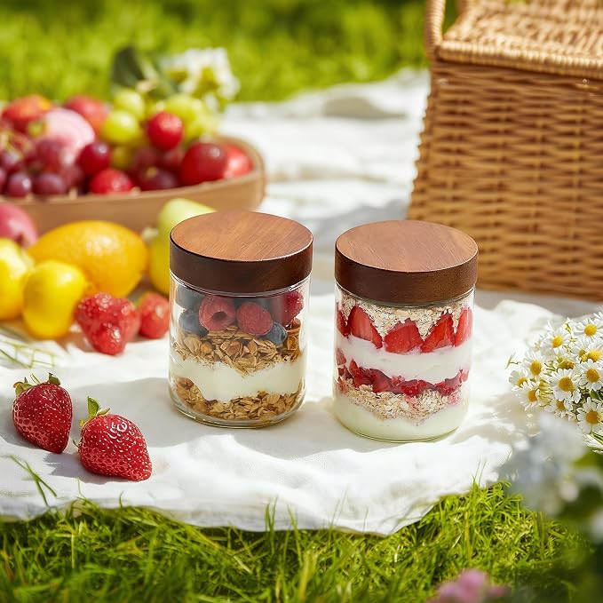 Danmu 16 oz Overnight Oats Containers with Lids,Glass Jars with Lids 4 Pack | Wooden Lid,Mason Jars for Overnight Oats,Meal Prep,Yogurt,Leak-proof,Dishwasher Safe(remove lids),Fridge Safe,Portable
