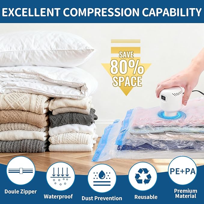 Vacuum Storage Bags with Electric Pump, 8 Pack (4 Large and 4 Super Jumbo), Heavy Duty Reusable PA+PE Space Saver Bags for Bedding, Comforters, Blankets, Clothes, Home and Travel Storage