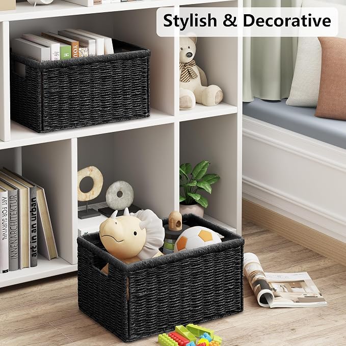Vagusicc 2 Packs Large Wicker Storage Basket, Closet Storage Baskets Bins for Shelves, Decorative Collapsible Baskets for Organizing Clothes Toy Nursery Bathroom Organizers and Storage, Black