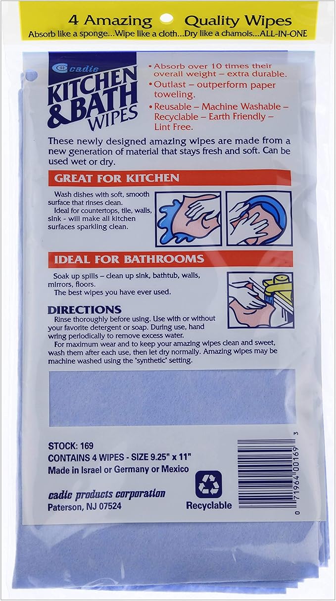 Kitchen and Bath Amazing Wipes-Absorbent and Reusable Cloth for Washing,Drying,Wiping in The Bathroom or Cuisine Surfaces|Cleaning Sink,Tiles,Bathtub,Walls,Mirror Or Floors (1 Pack-4 Wipes, Blue)