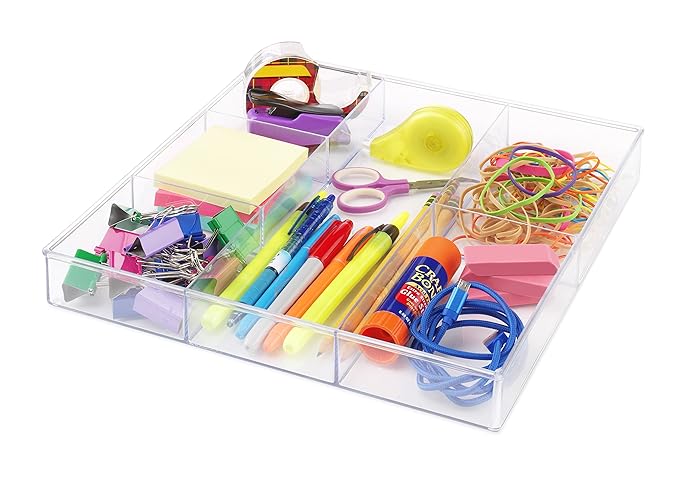 Whitmor Clear 6-Section Drawer Organizer | For Makeup & Accessories | Sturdy Resin | 11.9 x 11.9 x 1.7 Inches | Pack of 6