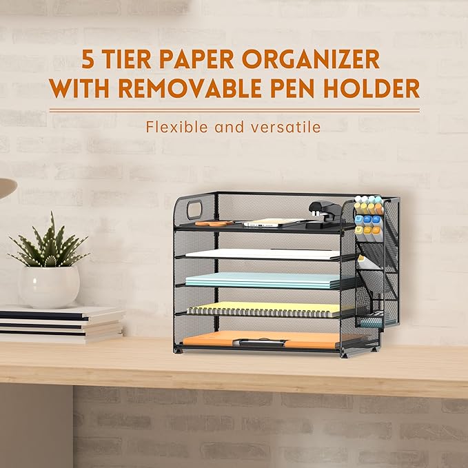 SUPEASY 5 Tier Desk Organizer with Handle & Removable Pen Holders, Mesh Paper/File Organizer for Desk, Paper Letter Tray Organizer for Office Supplies (Black)