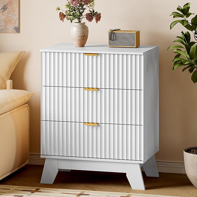 BORNOON Fluted 3 Drawer Dresser, 30.3" Tall Compact Modern Boho Chest of Drawers, Wooden Storage Cabinet for Bedroom, Living Room, Entryway, Curved Profile Design