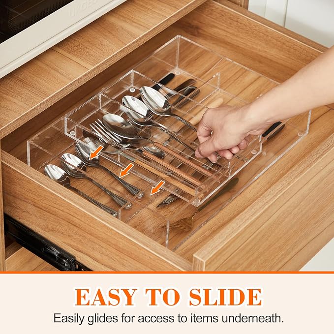 2 Layer Acrylic Deep Kitchen Utensil Drawer Organizer for Flatware Utensils | Clear Silverware Drawer Organizer with Removable Flatware Tray, Kitchen Utensil Tray for Cutlery, Chopsticks, Spoons, Forks