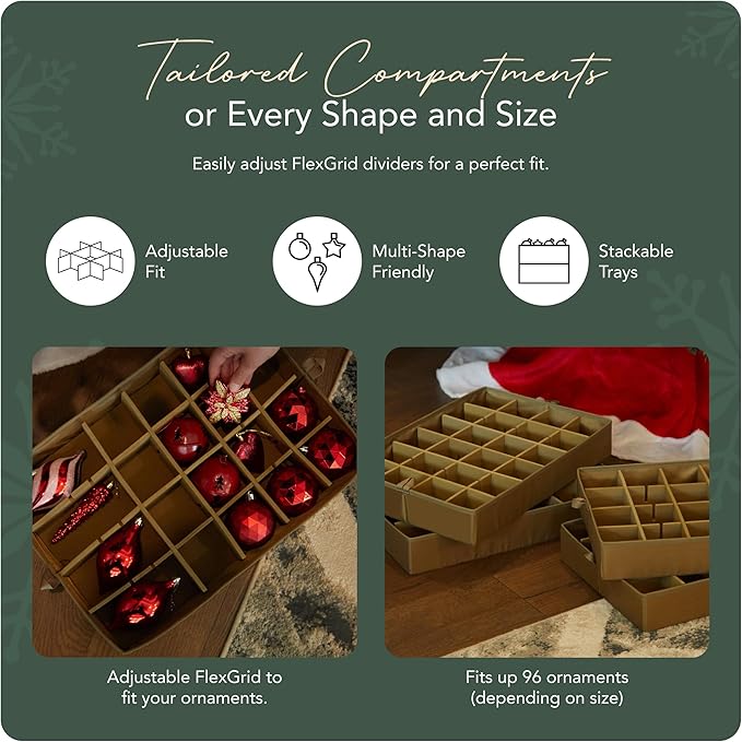 Covermates Keepsakes Adjustable Ornament Storage Bag – Heavy-Duty Polyester, Padded Dividers & FlexGrid Trays – Protective Holiday Ornament Organizer with Handles & Label Window, Red
