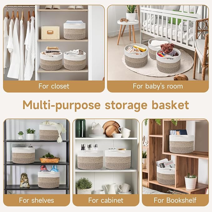 Small Rope Baskets for Storage, Baskets for Gifts Empty, Cute Round Woven Basket, Decorative Shelf Baskets 9.82×9.82×7.1", Cotton Toy Storage Bins for Organizer 3 Packs Mixed Brown