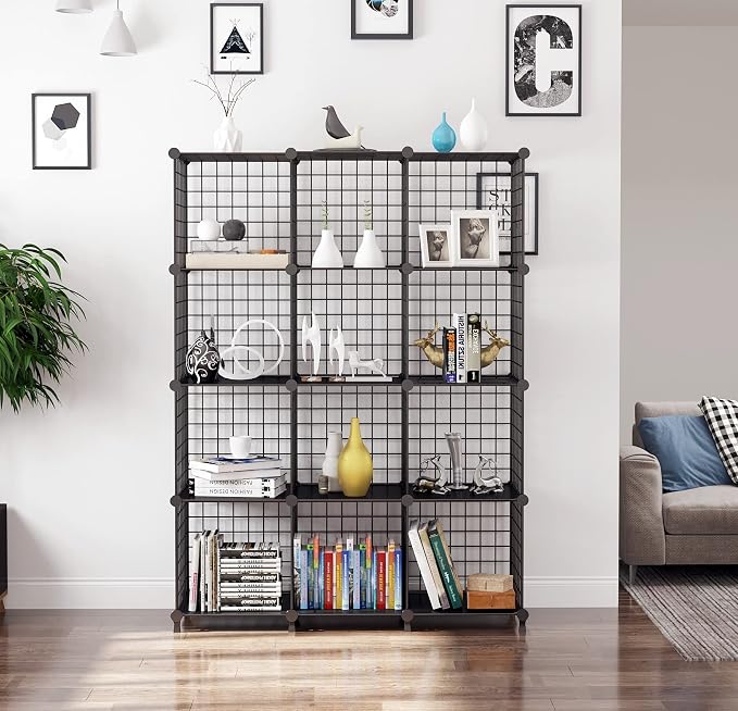 AWTATOS Wire Cube Storage, Closet Organizer, 12 Cube Storage Shelf, Black | Metal Cube Storage Shelves Bookshelf, Portable Closet Clothes Organizer, Wire Shelving for Bedroom, Home, Office