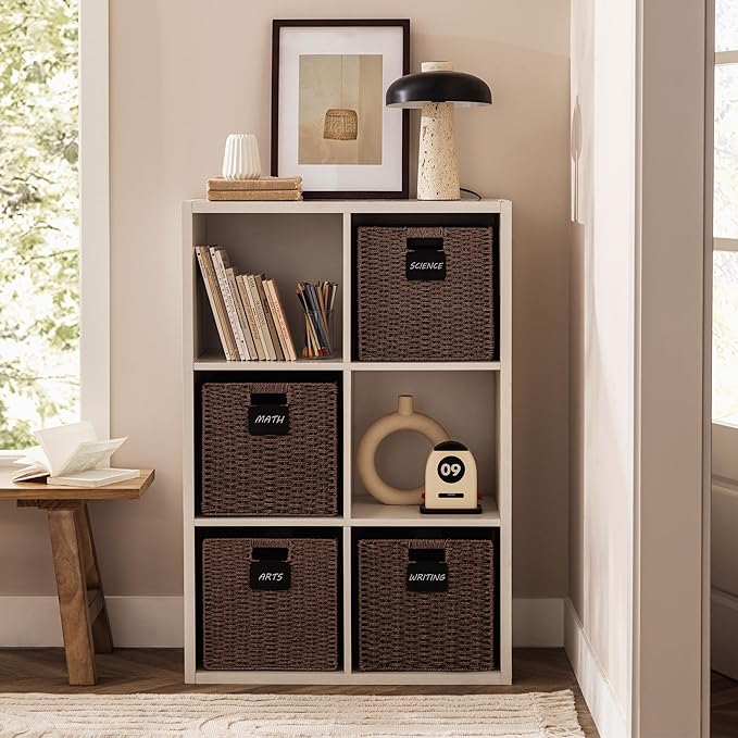 UBBCARE 2 Pack Wicker Basket, 10.5×10.5 Storage Cubes with Label, Foldable Cube Storage Bin with Handle, Square Storage Basket for Shelves, Woven Paper Rope Basket for Organizing, Brown