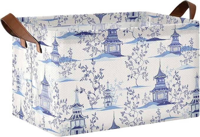 Chinoiserie Padogas Willow Tree Blue Storage Basket Foldable Cube Storage Bins with Handles&Label Waterproof Collapsible Organizer Box Bin Large Rectangle Decorative Baskets for Shelves Home Room