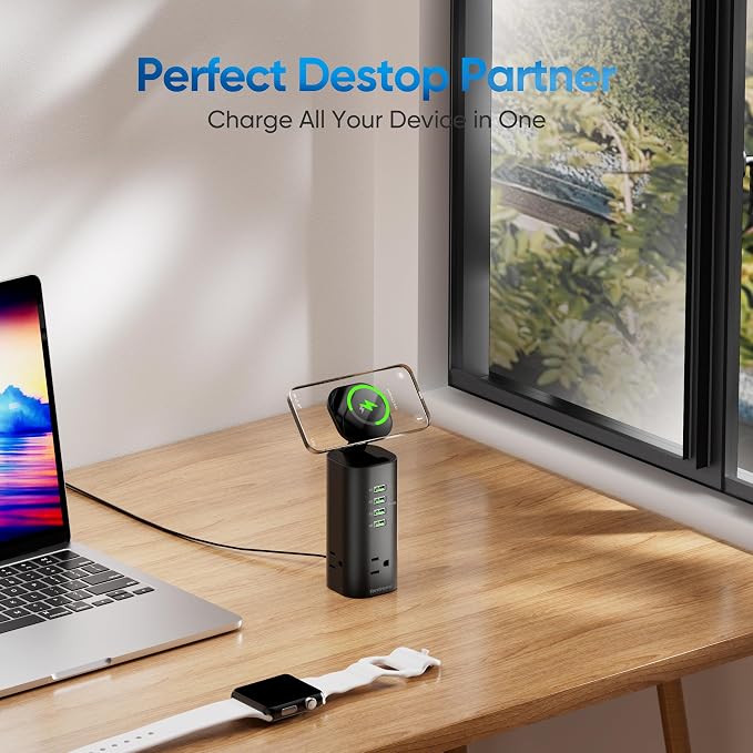 160W Fast Charging Station, TenTrend Power Strip Tower, 5FT Extension Cord | Charging Tower with 3AC Outlets & 8 USB Ports(4 USB-C), Foldable 15W Charging, Dorm, Office Desk Supplies