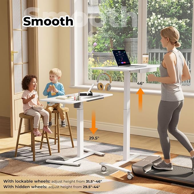 40"×20" Mobile Desk with Drawer, Rolling Desk with Storage | Height Adjustable Portable Laptop Desk on Wheels, Small Computer Desk with Cup Holder and Hooks for Study & Work, White