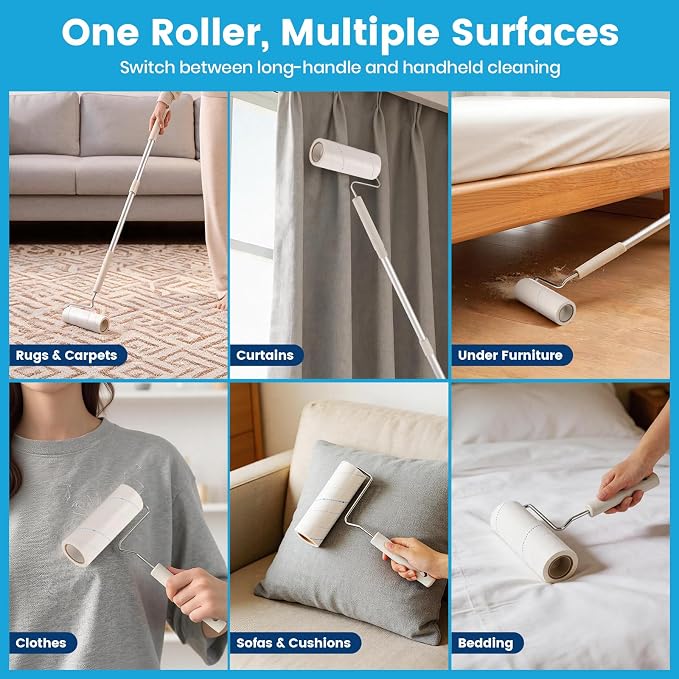 Extra Sticky Long Handle Lint Roller for Pet Hair, Floor | 500 Sheets with Easy Spiral Tear, 6.3" Wide Large Lint Roller, Cat & Dog Hair Remover for Clothes, Carpet, Giant Lint Remover