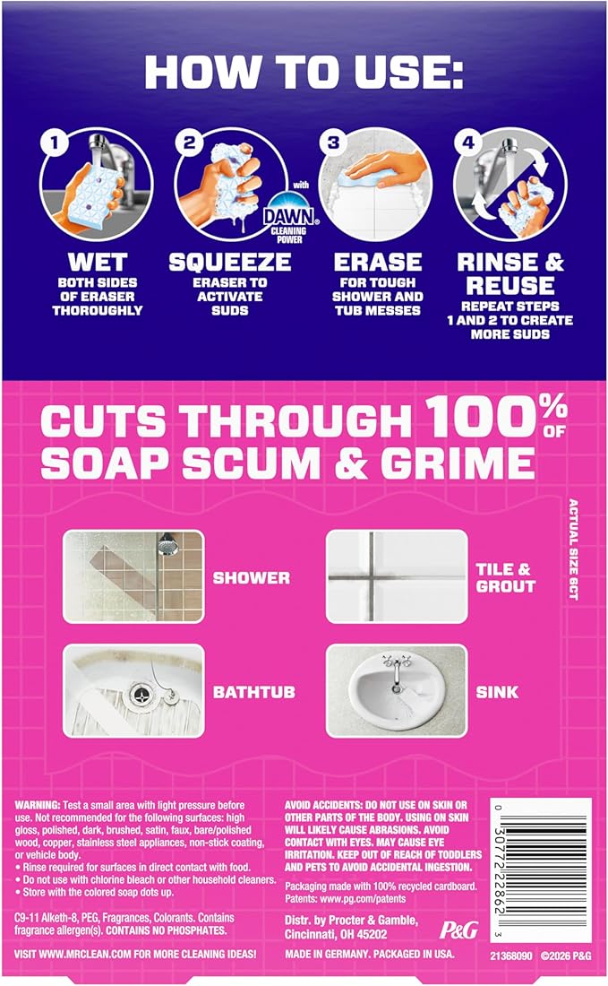 Mr. Clean Magic Eraser Sponge, Bathroom, Shower, Tub Cleaner, Soap Scum Remover, Bathroom Cleaning Supplies, Dawn Cleaning Power with Lavender Scent, Shower & Tub, 6ct