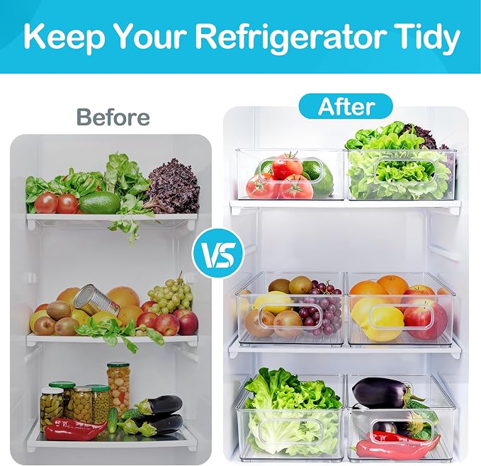 LotFancy Refrigerator Organizer Bins, 4 Pack,10x6x3 in, BPA Free Clear Plastic Storage Bins for Pantry Organization, Stackable Containers with Handles for Fridge, Kitchen Drawer, Freezer, Cabinet