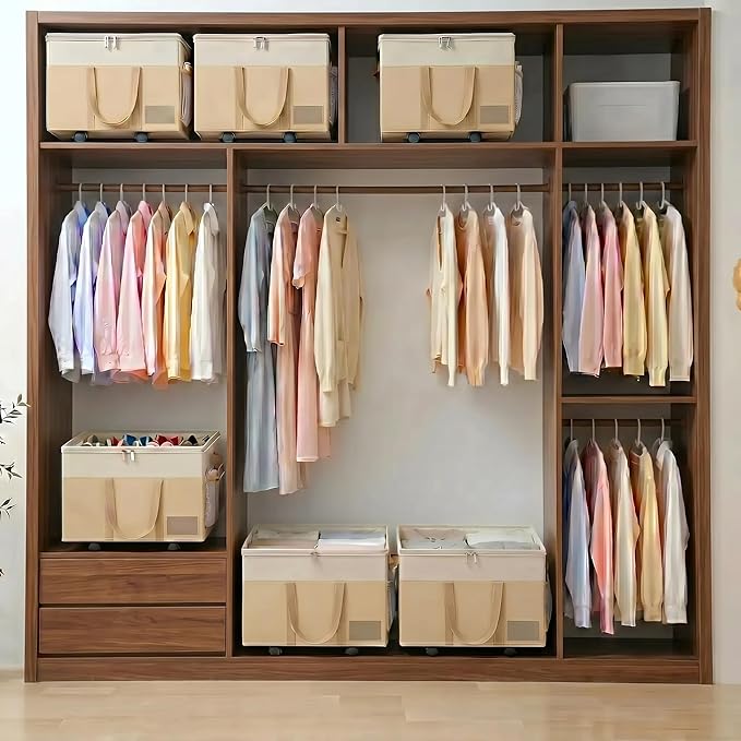 Large Shoe Organizer for Closet, 16 Pairs Shoe Storage Box with 360° Wheels & Reinforced Handles, Adjustable Dividers, Clear Cover, Side Pocket, Foldable Oxford Fabric Bin for Entryway, Beige