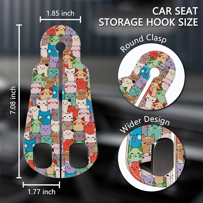 Blusabaca 2PCS Car Seat Headrest Hooks, Purses Bags Holder, Cute Cats | PU Leather, Double Metal Back Storage Hangers for Grocery Bags Handbags Bottles Coats Phones, Car Accessories Organization
