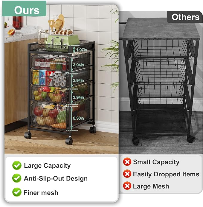 5-Tier Rolling Cart with Drawers & Top Basket, Snack Cart with Wheels | Metal Kitchen Utility Storage Cart - Fruit Vegetable Storage Stand, Kitchen Organization Rack for Cans, Craft, Art, Beauty