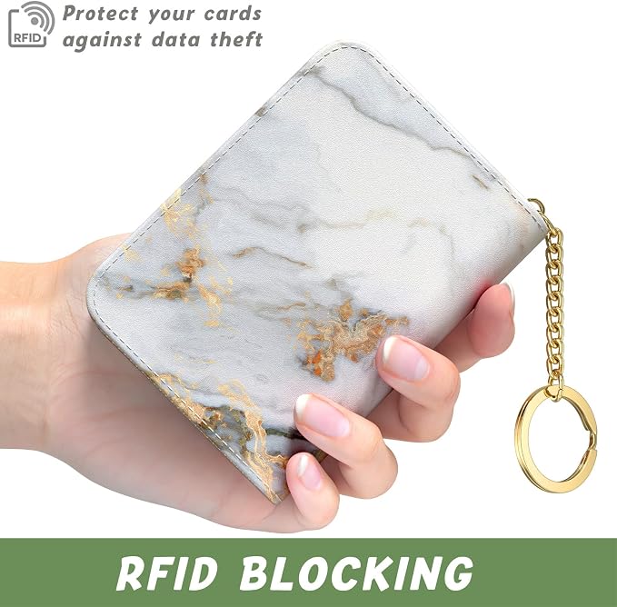 Aiawoxc Credit Card Holder for Women, Small RFID Wallet Slim Leather Card Organizer Case with Zipper and Keychain, Grey Marble