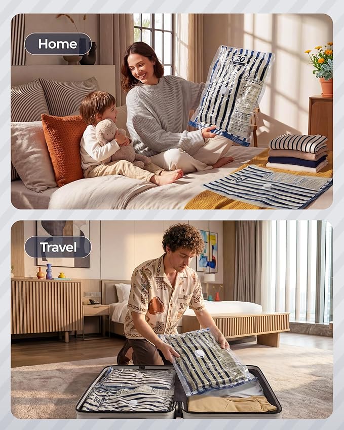 BAGSMART Travel Vacuum Seal Bags with Pump, Jumbo Vacuum Storage Bags for Clothes Blankets Comforters, Space Saver Bags for Travel, Compression Bags for Seasonal Storage-Blue Stripe
