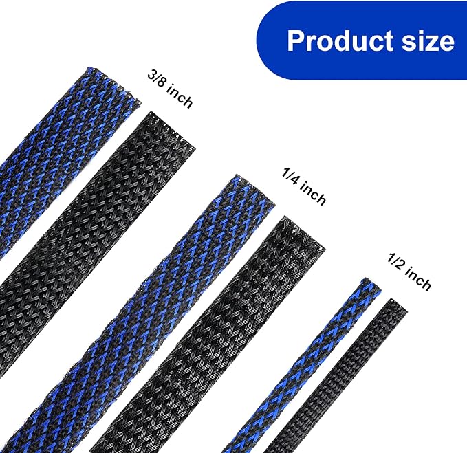 Xuniea 96ft Wire Loom Braided Cable Sleeve Covers Cord Management with 127 Pcs Tube Heat Shrinkable for Audio Video Cable Cord Protectors from Pets(1/2, 1/4, 3/8 Inch,Black and Blue)