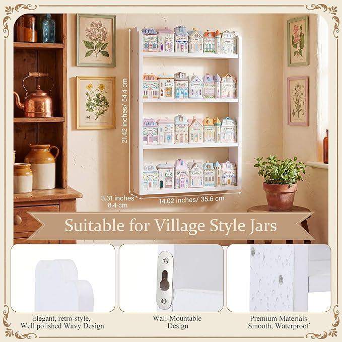 Sintuff Vintage Spice Rack 4 Tier Wood Spice Shelf Wall Mount House Village Style Jar Display Shelf for Kitchen Organizer Storage Display Holder, Holds 24 Jars, 22 x 14 Inches