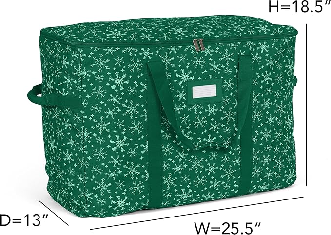 Covermates Keepsakes Adjustable Ornament Storage Bag – Heavy-Duty Polyester, Padded Dividers & FlexGrid Trays – Protective Holiday Ornament Organizer with Handles & Label Window, Green Snowflake