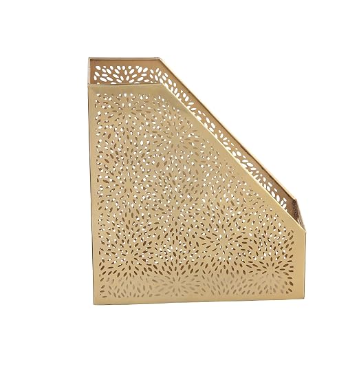 CosmoLiving by Cosmopolitan Metal Single Slot Magazine Holder with Laser Carved Floral Design, 5" x 10" x 12", Gold | Decorative Floral Magazine Rack Single Slot With Laser Carved Design File Holder
