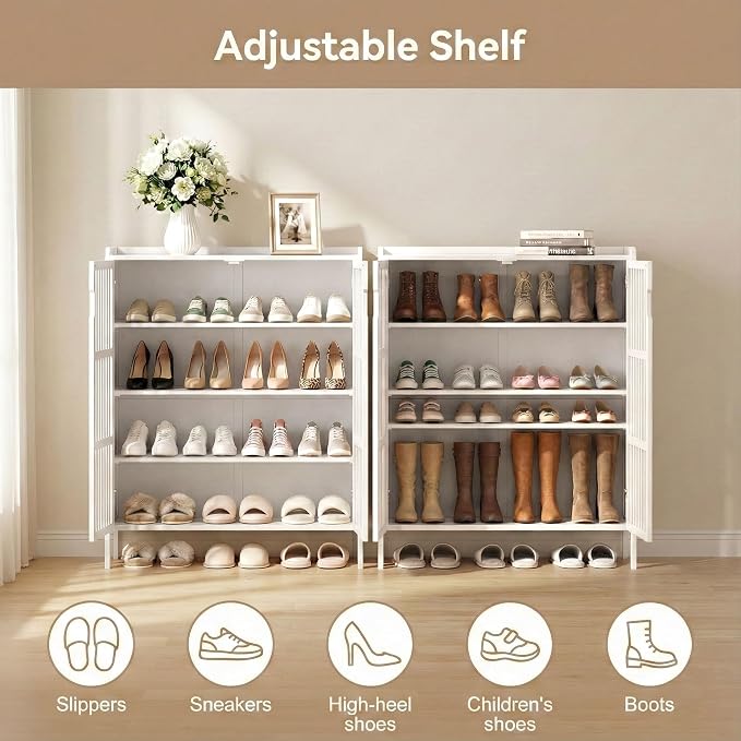 Bamboo Shoe Storage Cabinet for Entryway with Doors, Hidden Shoe Organizer | Adjustable Shelves | 5 Tiers for 25 Pairs | Modern Wood Shoe Cabinet for Living Room, Bedroom, Front Door, Hallway & Closet