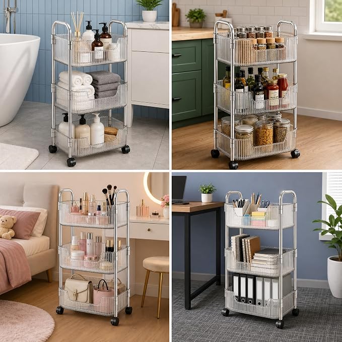 3 Tier Rolling Cart with Wheels, Clear Plastic Storage Cart with Stainless Steel Frame, Slim Narrow Organizer for Bathroom, Kitchen, Laundry Room, Vanity, Dorm, Easy Assembly